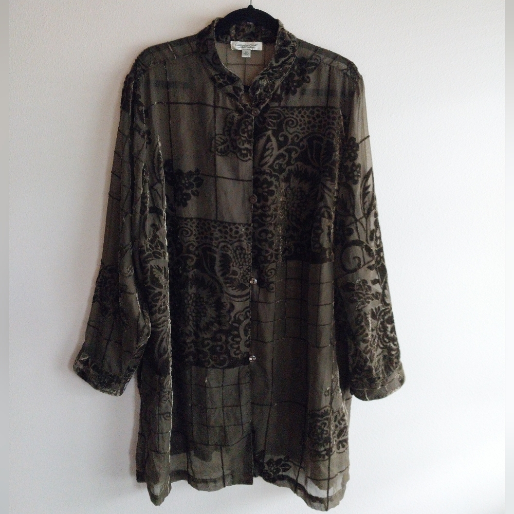Coldwater Creek Olive Green Floral Patchwork Velvet Burnout Tunic Blouse